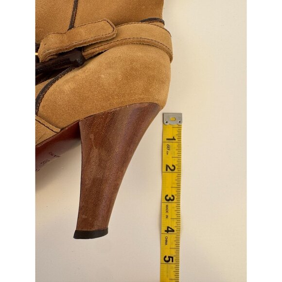 Vintage Celine Tan Knee-High Suede Heeled Boots With Strap & Buckle Detail - Picture 3 of 7